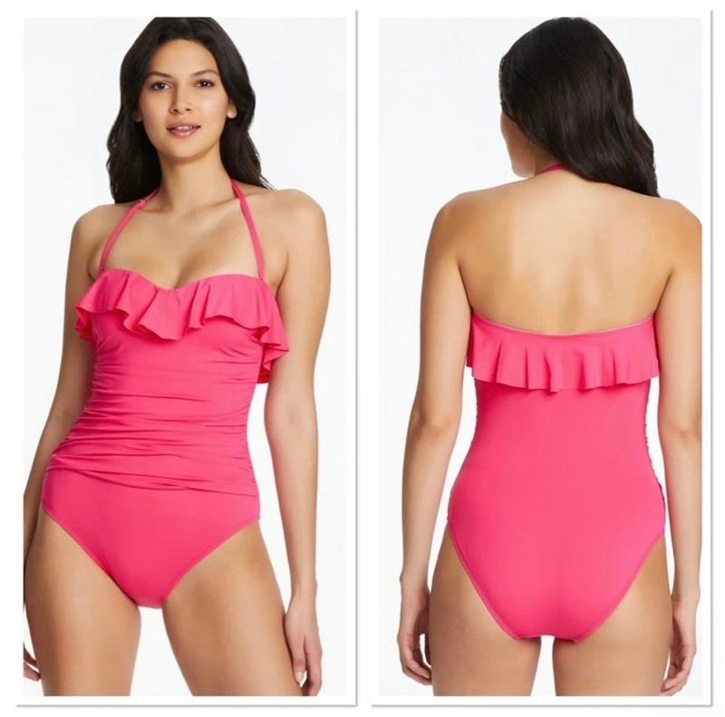 NWT Bleu Rod Beattie 6 Shirred Ruffle Bandeau Mio 1PC Swimsuit Pink 128203
