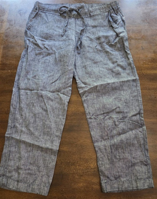 NWOT Allen Allen M Linen Chambray Blue Cropped Capri Pants Tie Front #128217