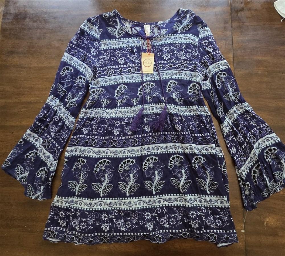 NWT Raga for Anthropologie S Crinkle Boho Floral Mini Dress Cover Up Blue 128235