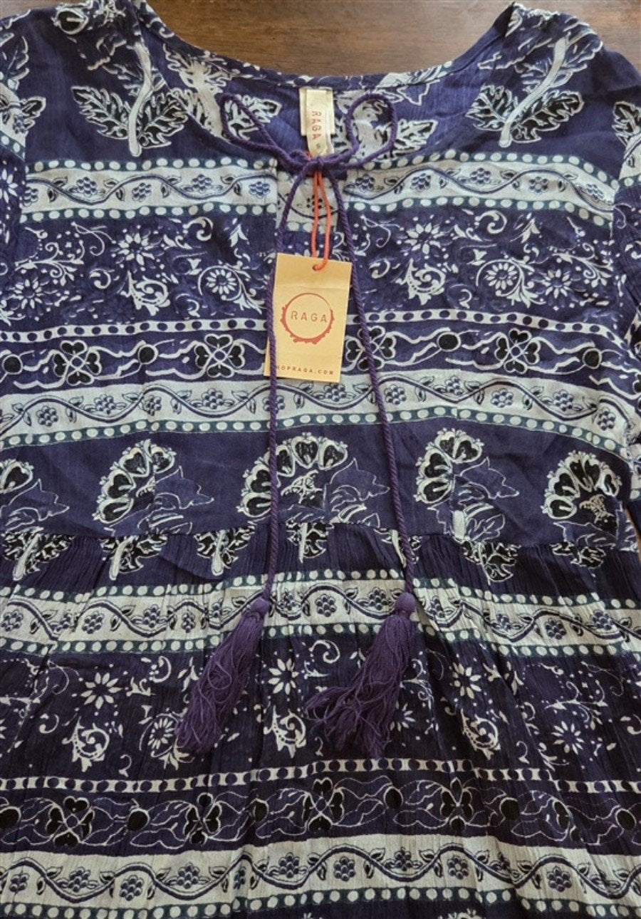 NWT Raga for Anthropologie S Crinkle Boho Floral Mini Dress Cover Up Blue 128235