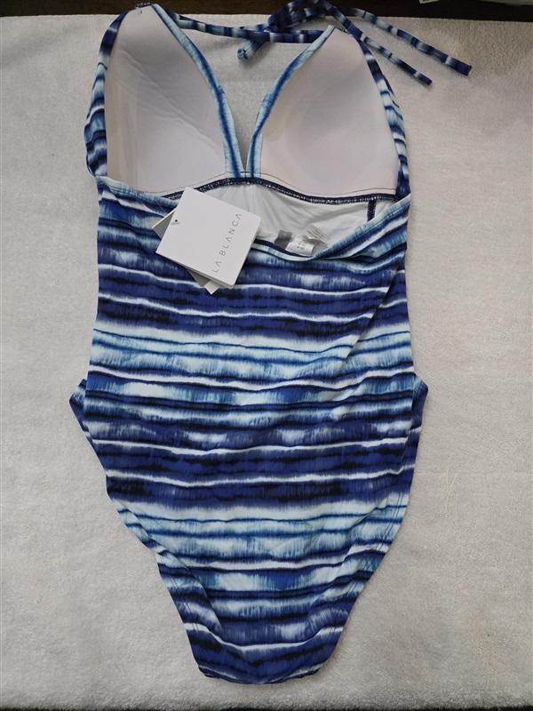 NWT La Blanca 6 Island Goddess V Neck Mio 1Pc Swimsuit Blue Stripe 128238