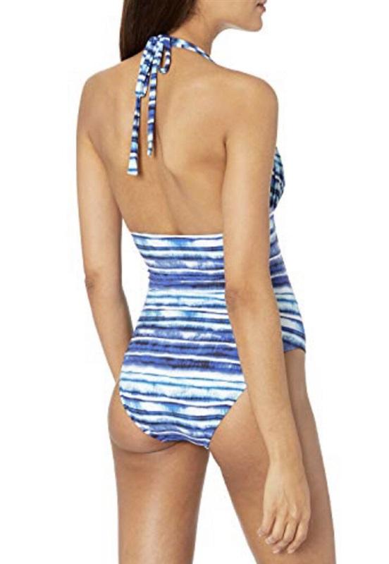 NWT La Blanca 6 Island Goddess V Neck Mio 1Pc Swimsuit Blue Stripe 128238