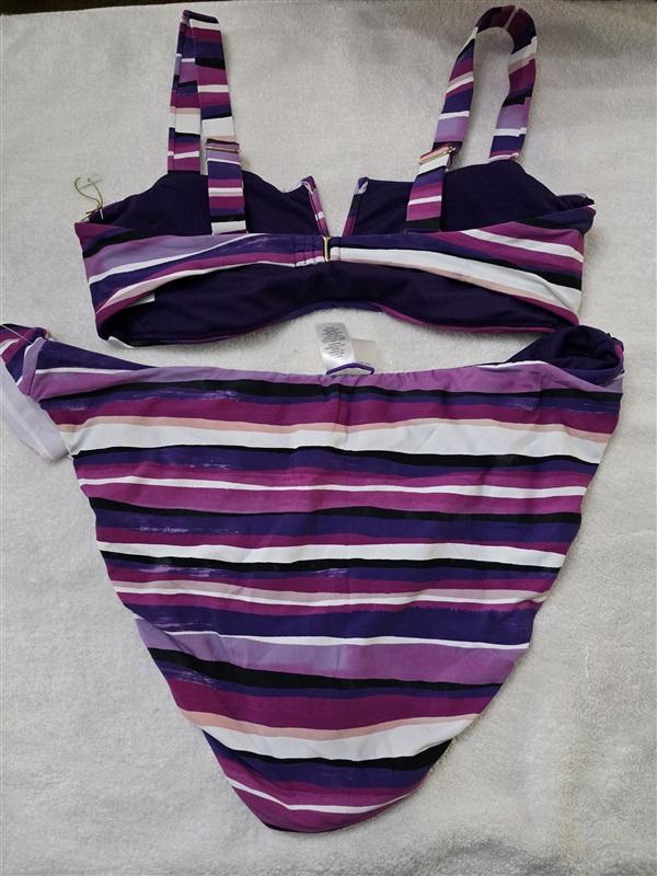 NWT Mynah L Purple Stripe Deep V Bikini Swimsuit Top & Bottom 128259