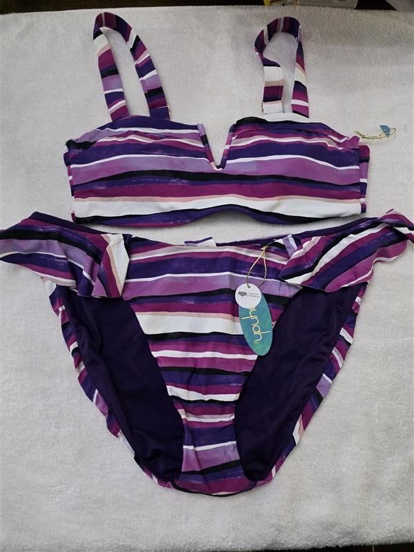 NWT Mynah L Purple Stripe Deep V Bikini Swimsuit Top & Bottom 128259