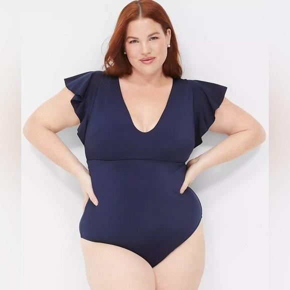 NWOT Lane Bryant 24 Flutter Sleeve Navy Blue Deep V Swimsuit 128263