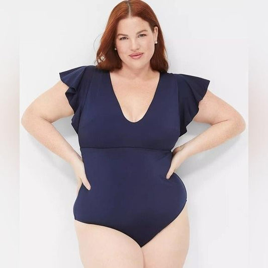NWOT Lane Bryant 24 Flutter Sleeve Navy Blue Deep V Swimsuit 128263
