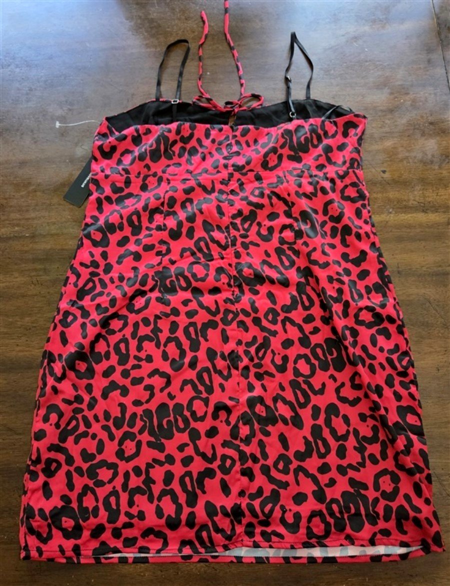 New Lulus L Red & Black Leopard Print Silky Mini Slip Dress 128301