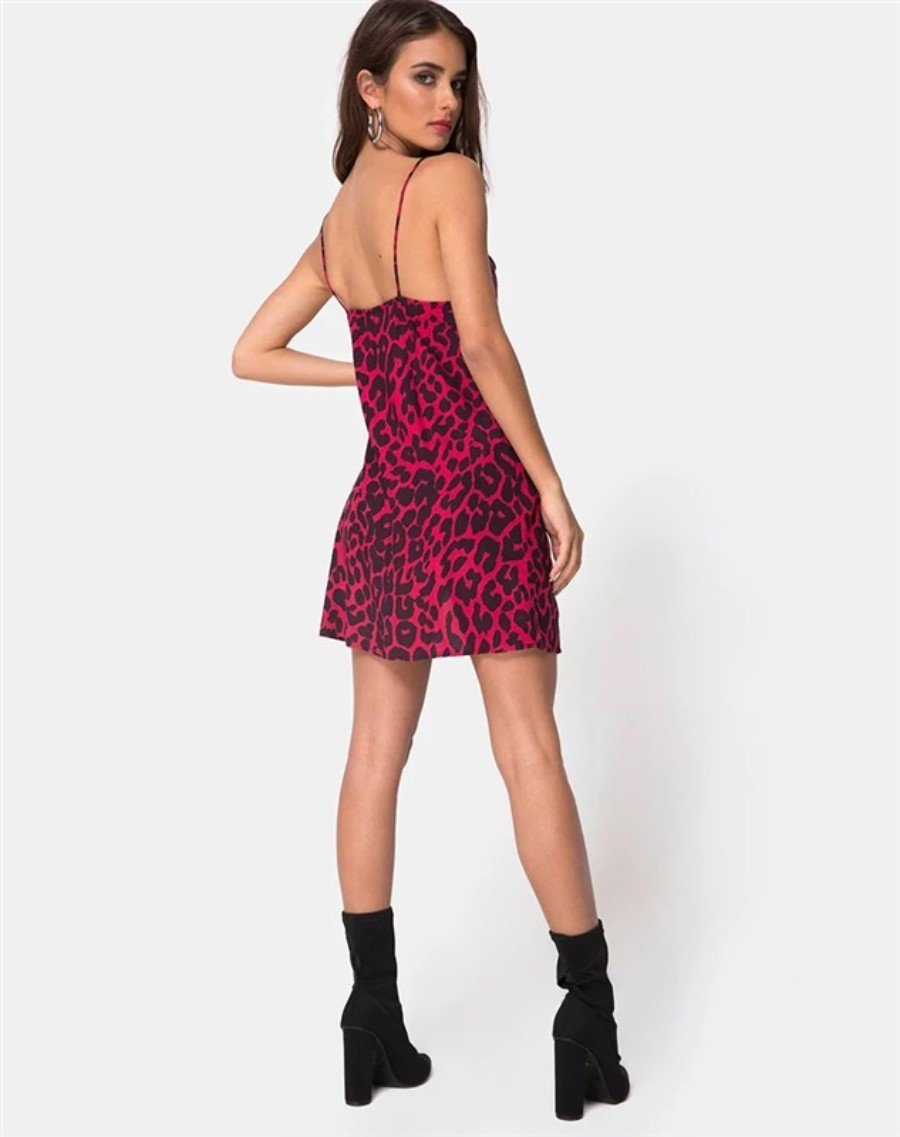 New Lulus L Red & Black Leopard Print Silky Mini Slip Dress 128301