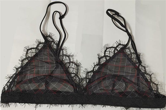 NWOT Lovers & Friends SMALL Black Plaid Sheer Bra Bralette 128370