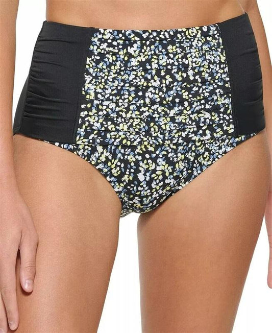 NEW Calvin Klein XS Pleated High-Waist Bikini Bottoms Color Ditsy Black 128406