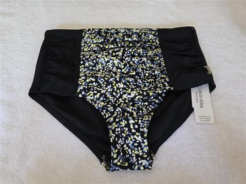 NEW Calvin Klein XS Pleated High-Waist Bikini Bottoms Color Ditsy Black 128406
