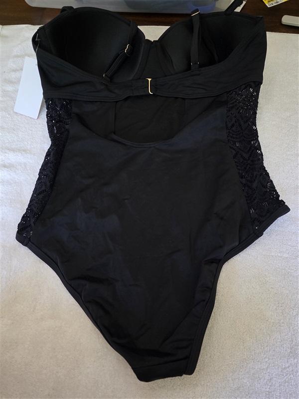 NWT Swimsuits For All 14 Black Crochet Insert Underwire 1PC Swimsuit 128428