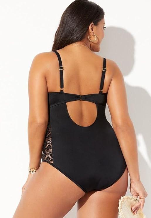 NWT Swimsuits For All 14 Black Crochet Insert Underwire 1PC Swimsuit 128428