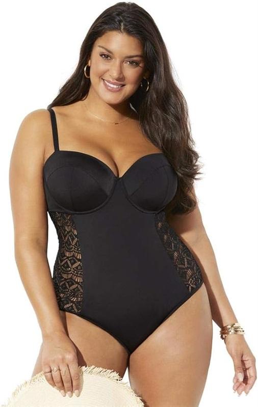 NWT Swimsuits For All 14 Black Crochet Insert Underwire 1PC Swimsuit 128428