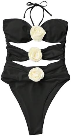 NWOT Black White Roses LG Cut Out 1PC Swimsuit 128429
