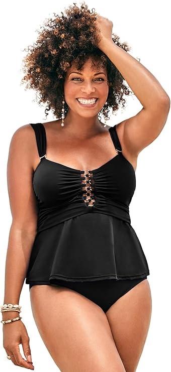 NWT Swimsuits For All 18 Underwire Shirred Ring Bandeau Tankini Top Black 128442