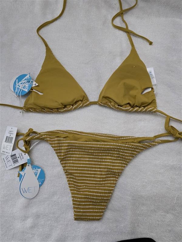 NWT Wet LA S Tumeric Stripe Swim Set Tie Side Bikini Top Bottom 128467