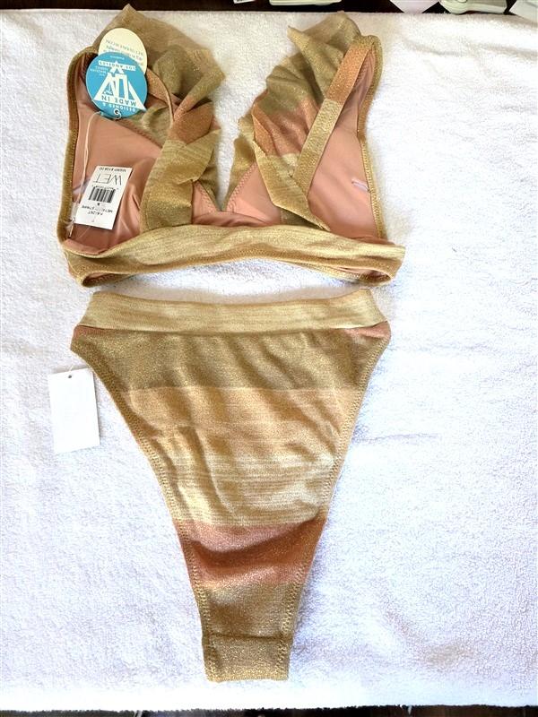NWT Wet LA S Metallic Stripe Ruffle Swim Set Bikini Top Bottom 128486