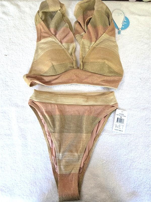 NWT Wet LA S Metallic Stripe Ruffle Swim Set Bikini Top Bottom 128486