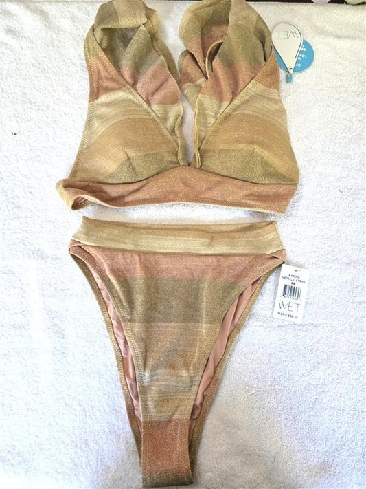 NWT Wet LA S Metallic Stripe Ruffle Swim Set Bikini Top Bottom 128486