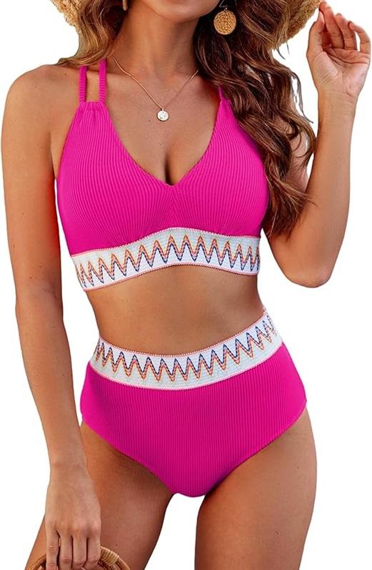 NWT BMJL M Push Up Top High Waist Bottom Bikini Set Hot Pink 128495