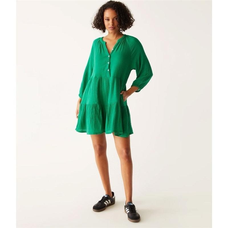 NWOTD Michael Stars XS Sonia Gauze Tiered Crinkle Dress Green 128522