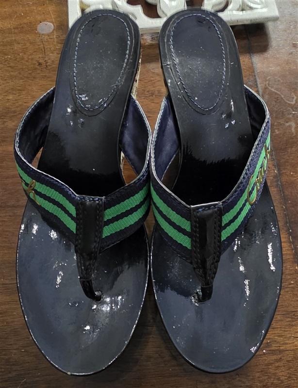 PO Coach 8.5 Gabriela Stripe Blue Green Logo Platform Sandals 128444