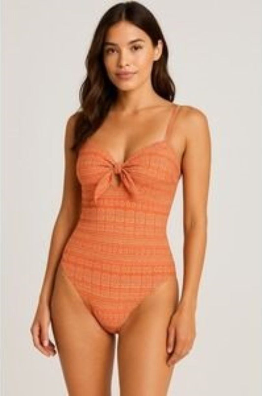 NWOT Robin Piccone 4 Isla Plunge Tie-Front 1PC Swimsuit TerraCotta Orange 128563
