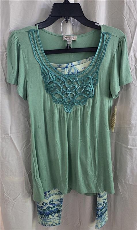 NWT One World XS Charming Art Green Lace Top Legging Lounge set 128588