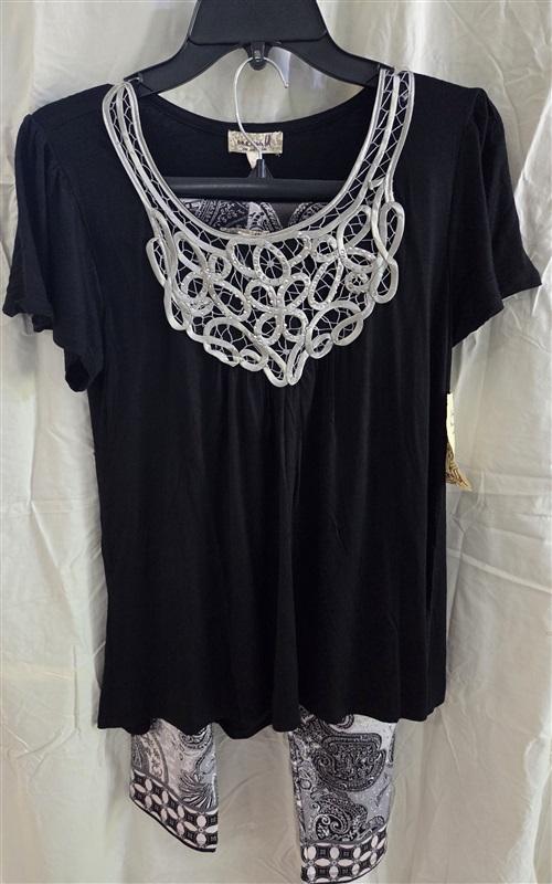 NWT One World XS Charming Art Black Silver Lace Top Legging Lounge set 128590