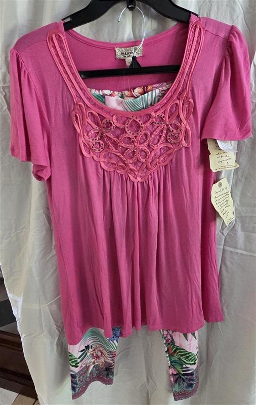 NWT One World XS Charming Art Pink Lace Top Tropical Legging Lounge set 128591
