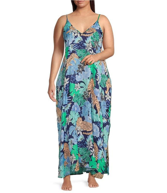 NWT Van Winkle 1X Jungle Cheetah Satin V-Neck Sleeveless Maxi Chemise 128593