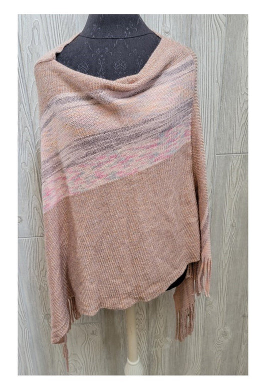 New Anna & Ava Soft Knit Peach Stripe Asymmetrical Poncho w/ Fringe 128612