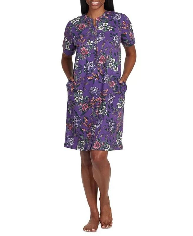 NWT Miss Elaine M Snap Front Short Robe 846981 Purple Floral 128637
