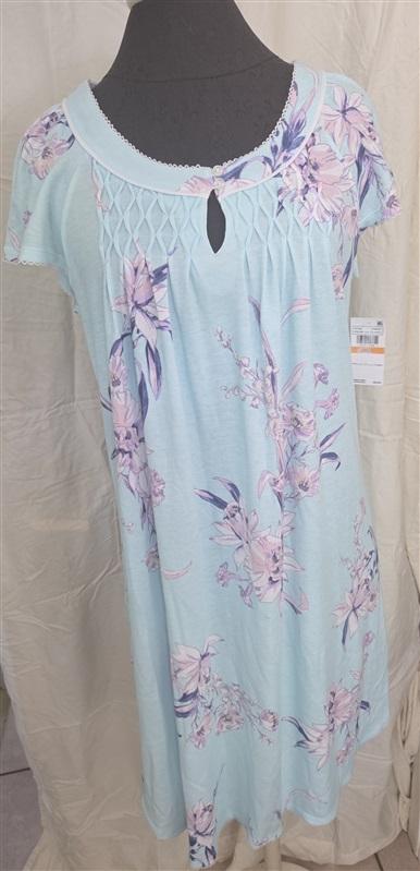 Miss Elaine 3X Floral Print Sofiknit Short Nightgown 209864D Aqua 128644