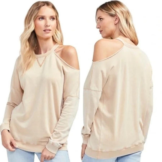 NWT Wildfox M Distressed Cold Shoulder Asymmetrical Sweatshirt Warm Sand #128658