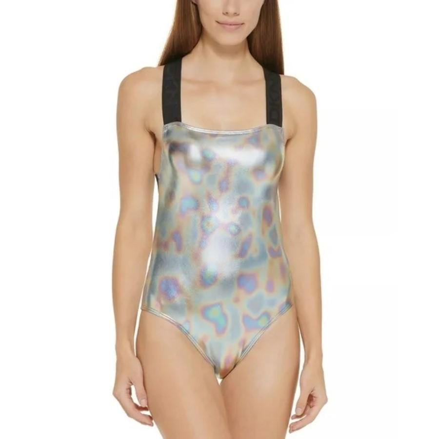 NWT DKNY M Metallic Iridescent Cross-Back 1PC Swimsuit #128660