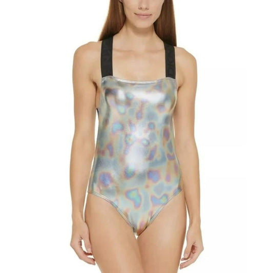 NWT DKNY M Metallic Iridescent Cross-Back 1PC Swimsuit #128660