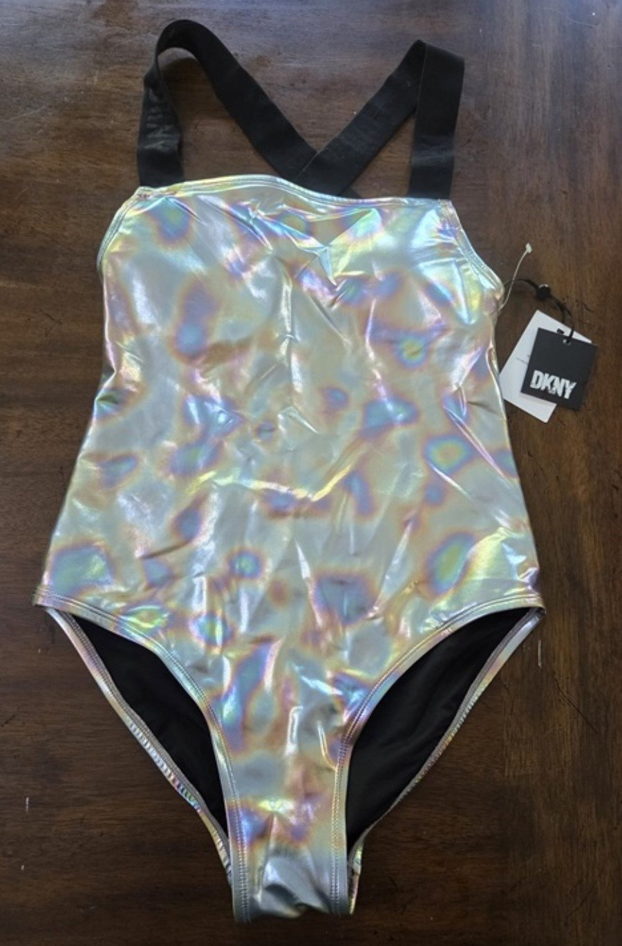 NWT DKNY M Metallic Iridescent Cross-Back 1PC Swimsuit #128660