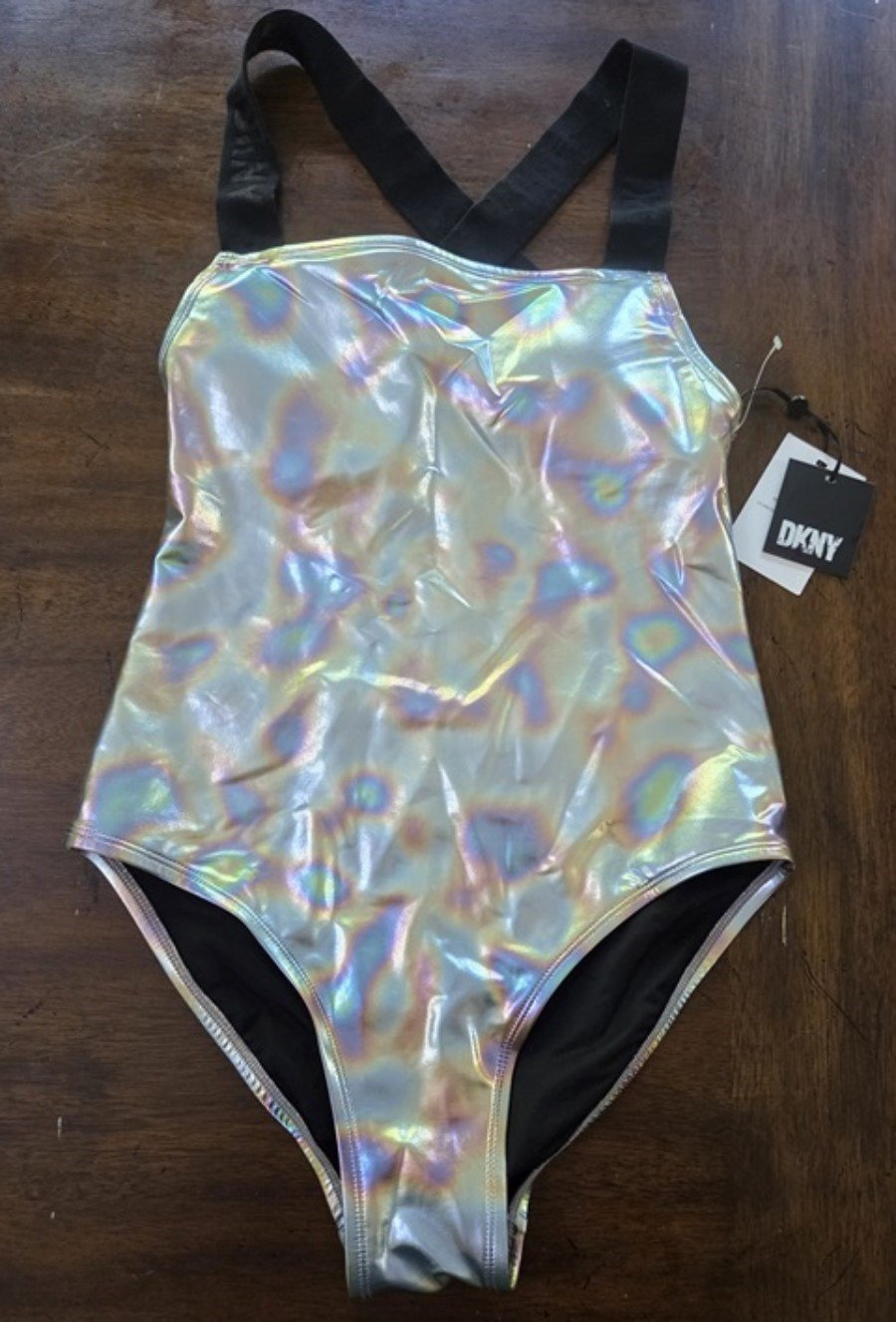 NWT DKNY M Metallic Iridescent Cross-Back 1PC Swimsuit #128660