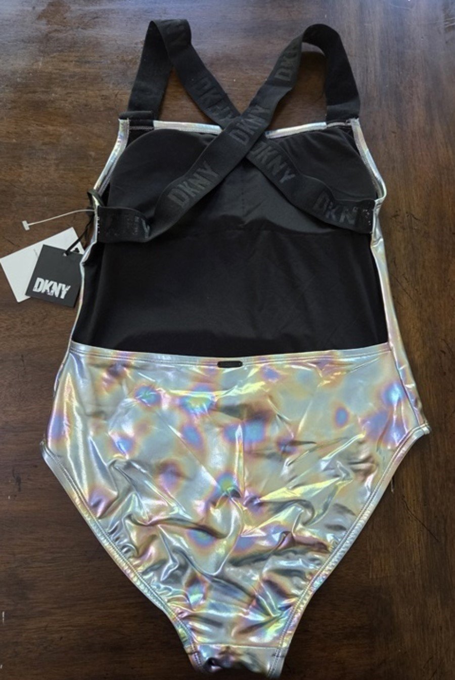 NWT DKNY M Metallic Iridescent Cross-Back 1PC Swimsuit #128660