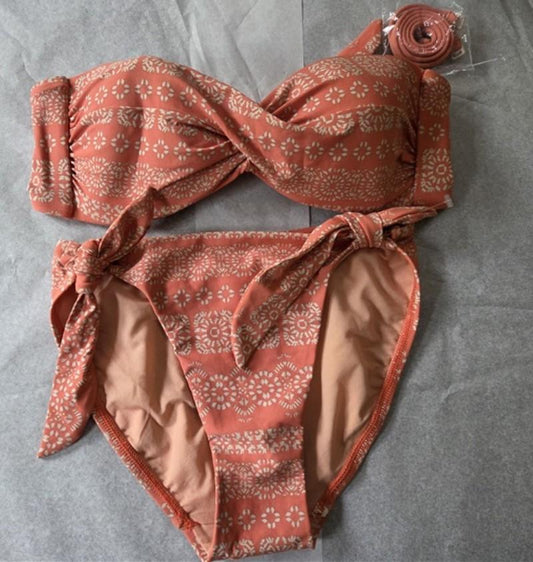 NWT Robin Piccone M Isla Bikini Swim Top & Tie Bottom Terra Cotta Orange 128674