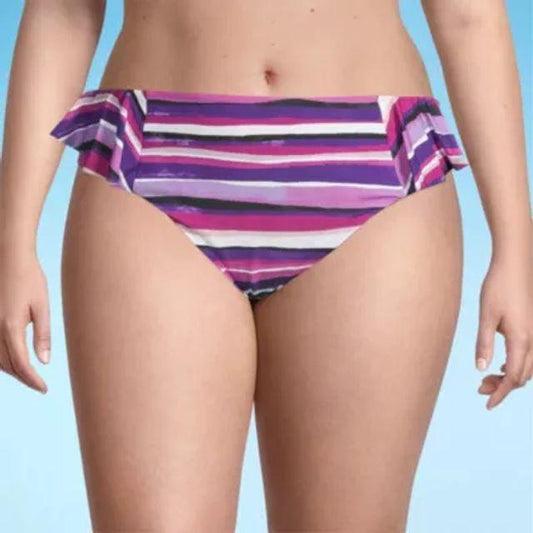 NWT Mynah L Purple Stripe Ruffle Side Swim Bottom 128704