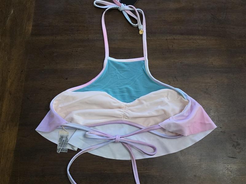 NWT WILDFOX L Pastel Rainbow Flounce Mesh Bikini Swim Top High Neck 124579