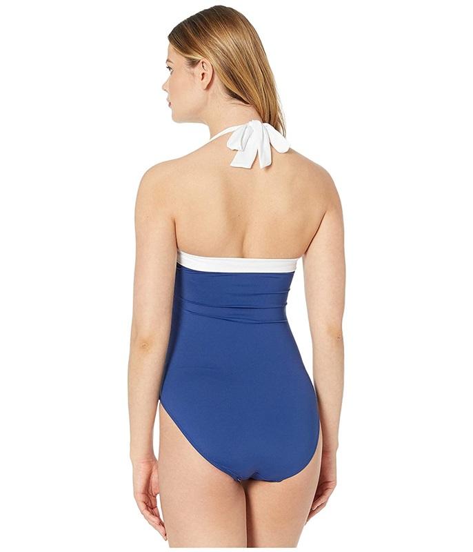 NWOT Ralph Lauren 4 Bel Aire Solid Shirred Bandeau 1PC Swimsuit BLue 128738