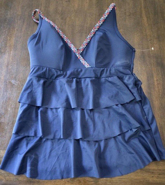 NWOT Cacique 14 Braided Rainbow Navy Blue V Neck Ruffle Swim Tankini 128740