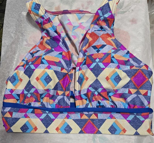 NWOT Jantzen SM Bright Geometric Sport Bikini Swim Top Bra Deep V 128879