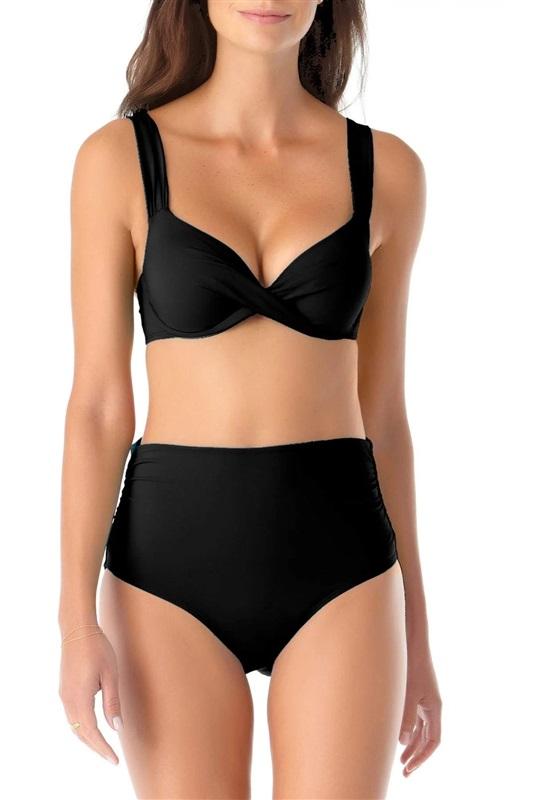 NWT Anne Cole Lovely Solids 34DD 36D Twist Underwire Swim Top Black 128927