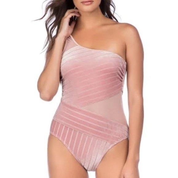 NWT Kenneth Cole L Pink Velvet One-Shoulder Mesh One-Piece Swimsuit 128932