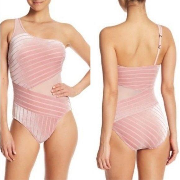 NWT Kenneth Cole L Pink Velvet One-Shoulder Mesh One-Piece Swimsuit 128932